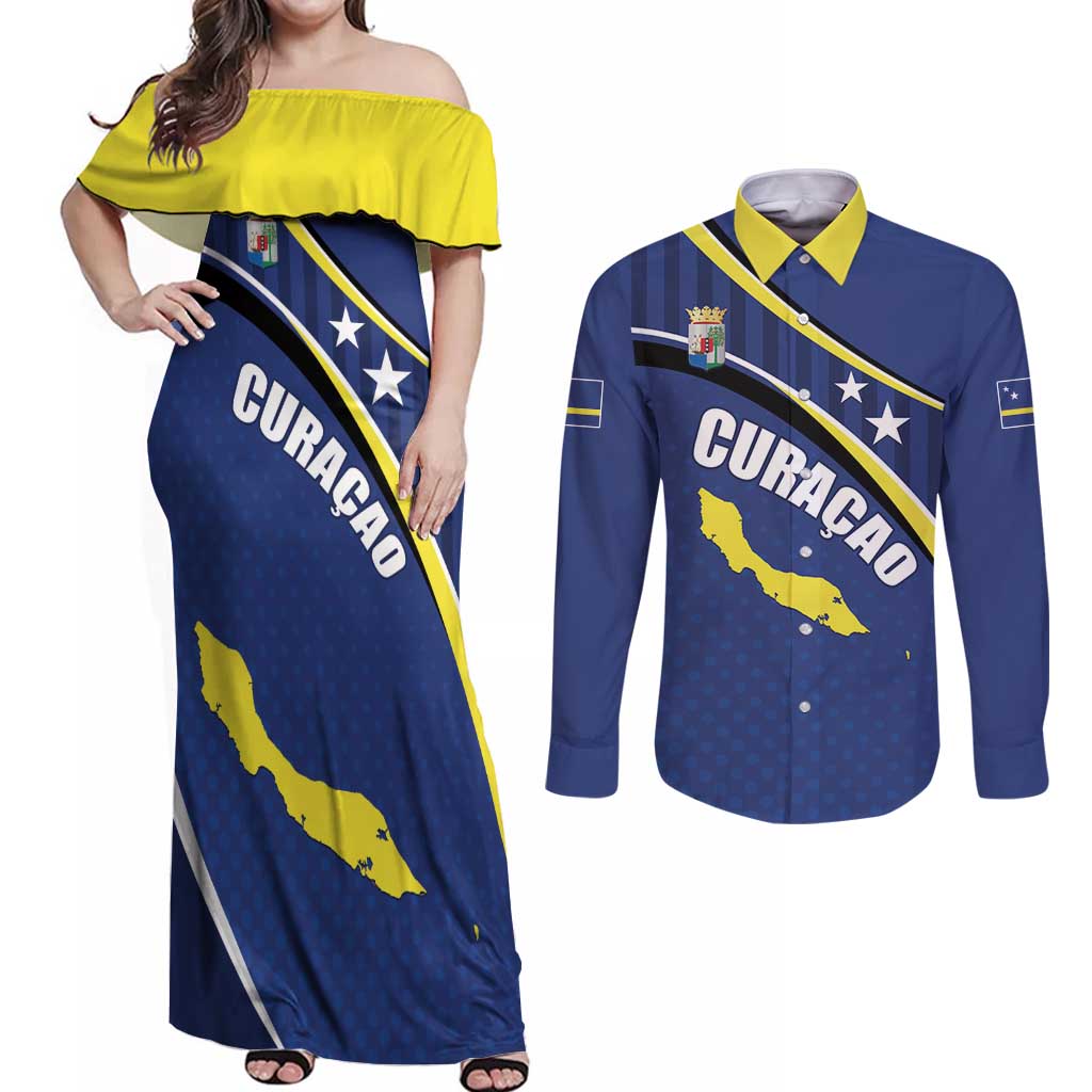 Curacao Flag Day Couples Matching Off Shoulder Maxi Dress and Long Sleeve Button Shirt Korsou Map Simple Style