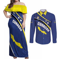 Curacao Flag Day Couples Matching Off Shoulder Maxi Dress and Long Sleeve Button Shirt Korsou Map Simple Style