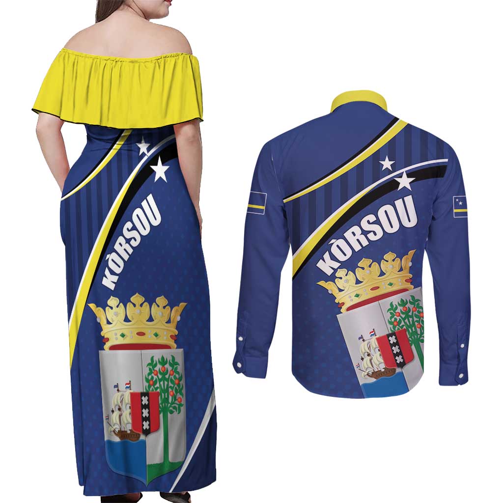 Curacao Flag Day Couples Matching Off Shoulder Maxi Dress and Long Sleeve Button Shirt Korsou Map Simple Style