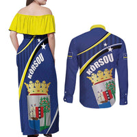 Curacao Flag Day Couples Matching Off Shoulder Maxi Dress and Long Sleeve Button Shirt Korsou Map Simple Style