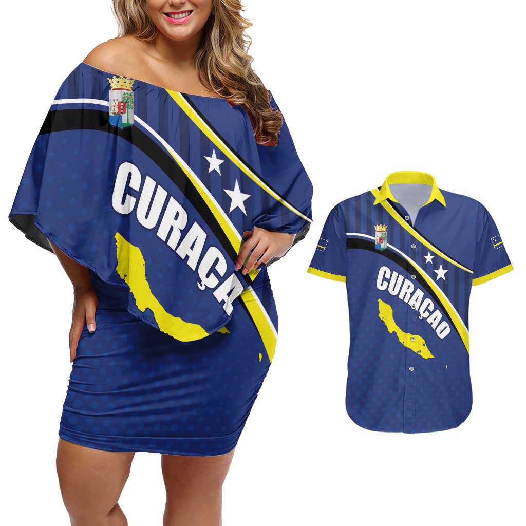 Curacao Flag Day Couples Matching Off Shoulder Short Dress and Hawaiian Shirt Korsou Map Simple Style