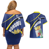 Curacao Flag Day Couples Matching Off Shoulder Short Dress and Hawaiian Shirt Korsou Map Simple Style