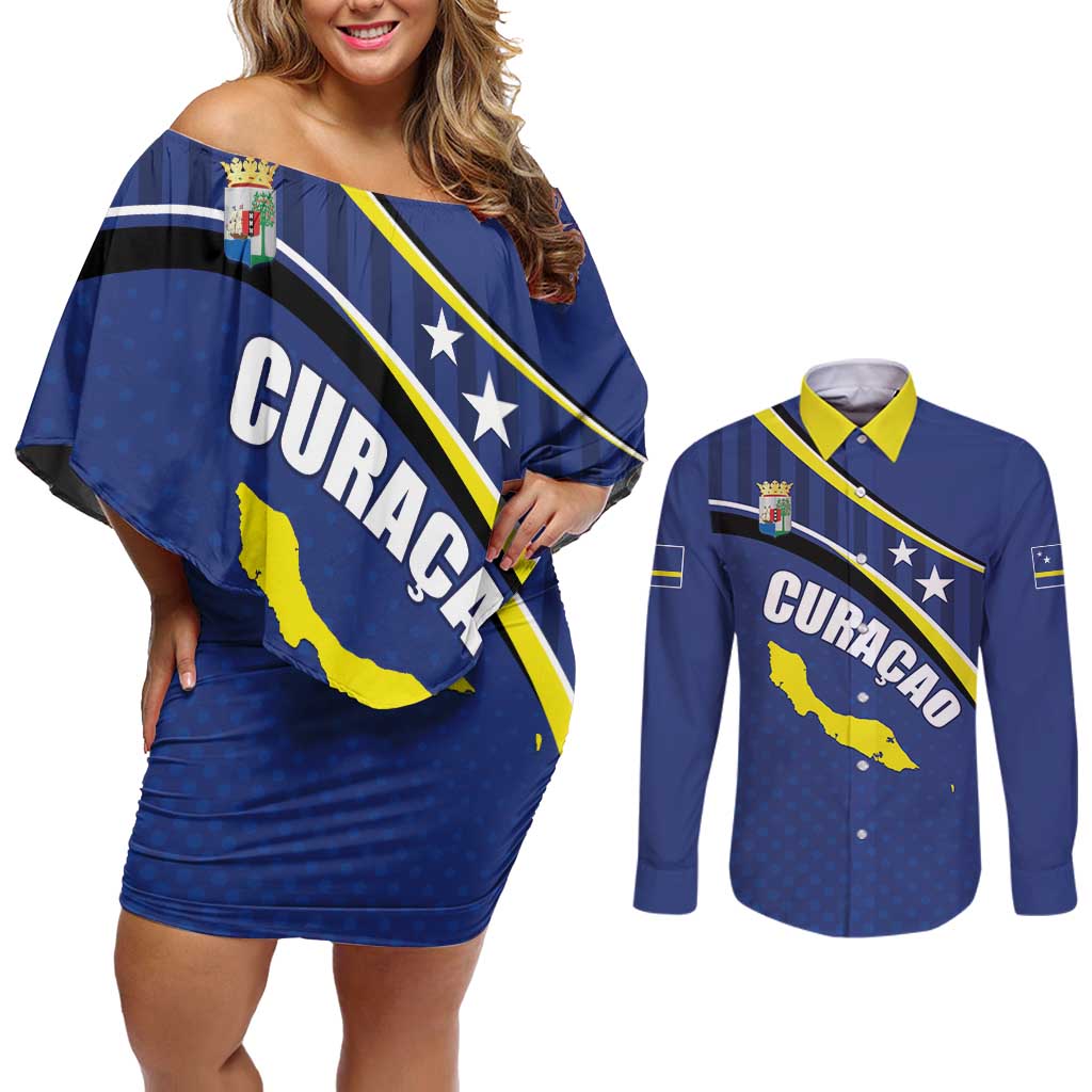 Curacao Flag Day Couples Matching Off Shoulder Short Dress and Long Sleeve Button Shirt Korsou Map Simple Style