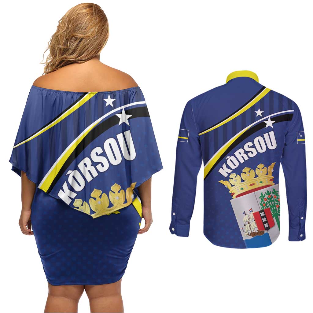 Curacao Flag Day Couples Matching Off Shoulder Short Dress and Long Sleeve Button Shirt Korsou Map Simple Style