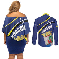 Curacao Flag Day Couples Matching Off Shoulder Short Dress and Long Sleeve Button Shirt Korsou Map Simple Style