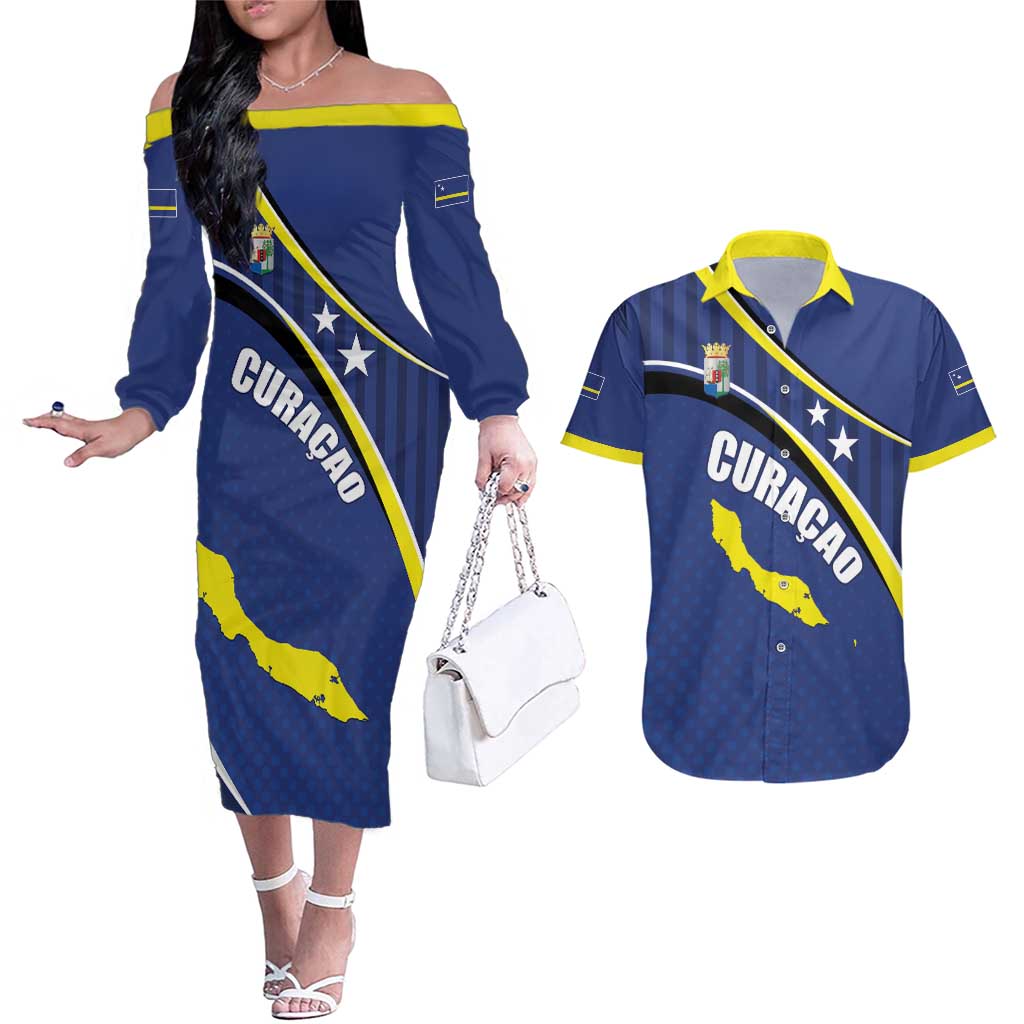 Curacao Flag Day Couples Matching Off The Shoulder Long Sleeve Dress and Hawaiian Shirt Korsou Map Simple Style