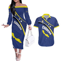 Curacao Flag Day Couples Matching Off The Shoulder Long Sleeve Dress and Hawaiian Shirt Korsou Map Simple Style