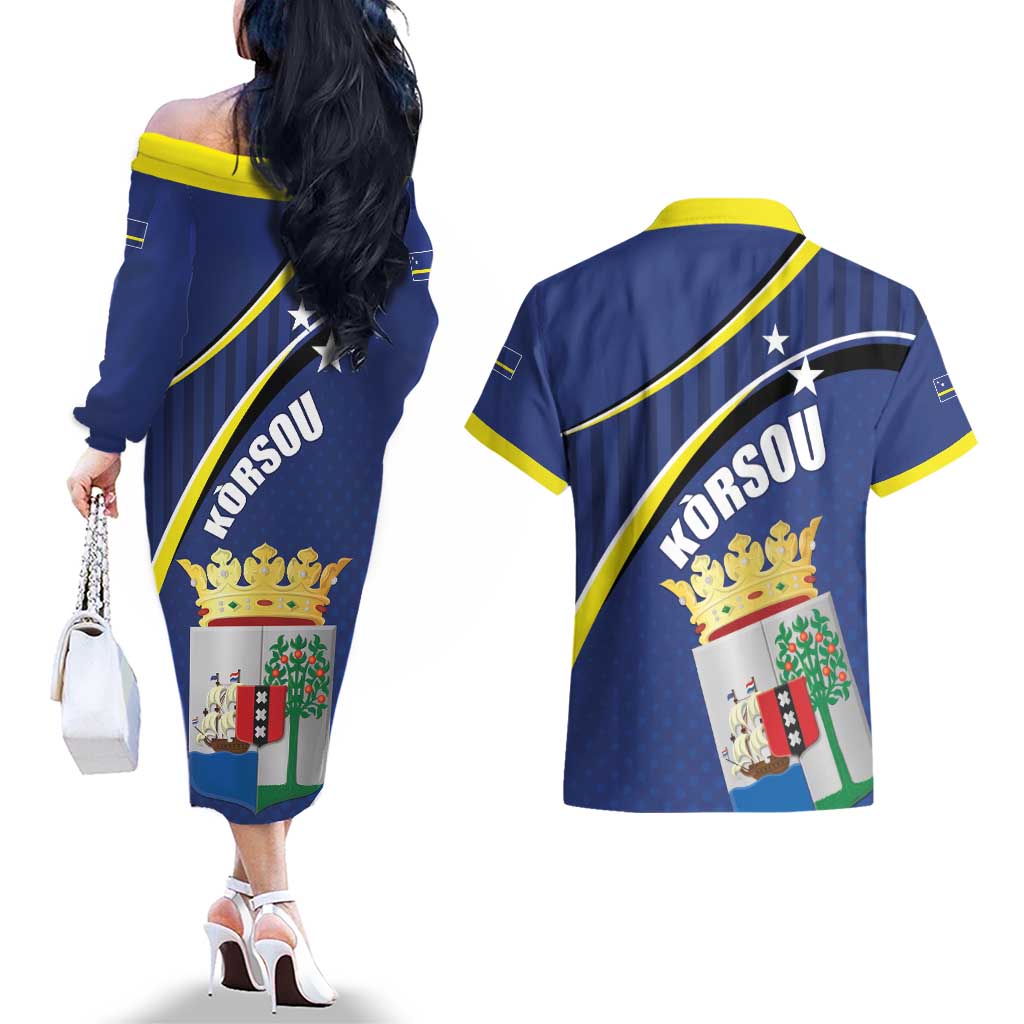 Curacao Flag Day Couples Matching Off The Shoulder Long Sleeve Dress and Hawaiian Shirt Korsou Map Simple Style