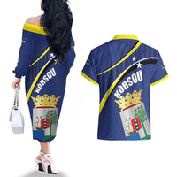 Curacao Flag Day Couples Matching Off The Shoulder Long Sleeve Dress and Hawaiian Shirt Korsou Map Simple Style