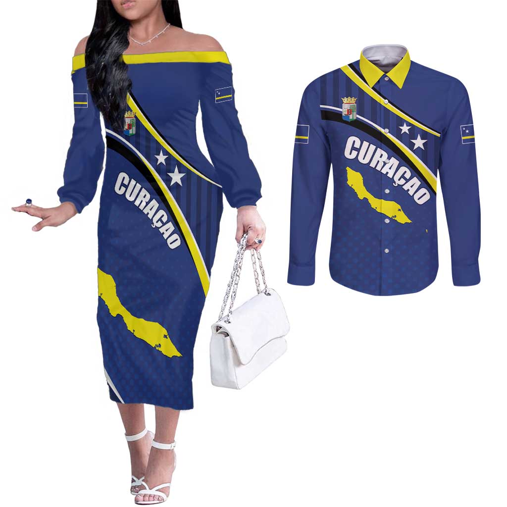 Curacao Flag Day Couples Matching Off The Shoulder Long Sleeve Dress and Long Sleeve Button Shirt Korsou Map Simple Style