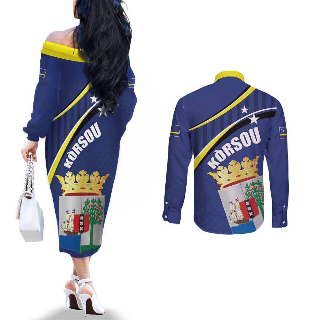 Curacao Flag Day Couples Matching Off The Shoulder Long Sleeve Dress and Long Sleeve Button Shirt Korsou Map Simple Style