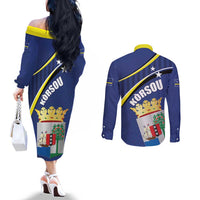 Curacao Flag Day Couples Matching Off The Shoulder Long Sleeve Dress and Long Sleeve Button Shirt Korsou Map Simple Style