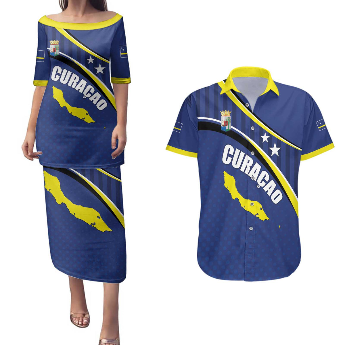 Curacao Flag Day Couples Matching Puletasi and Hawaiian Shirt Korsou Map Simple Style