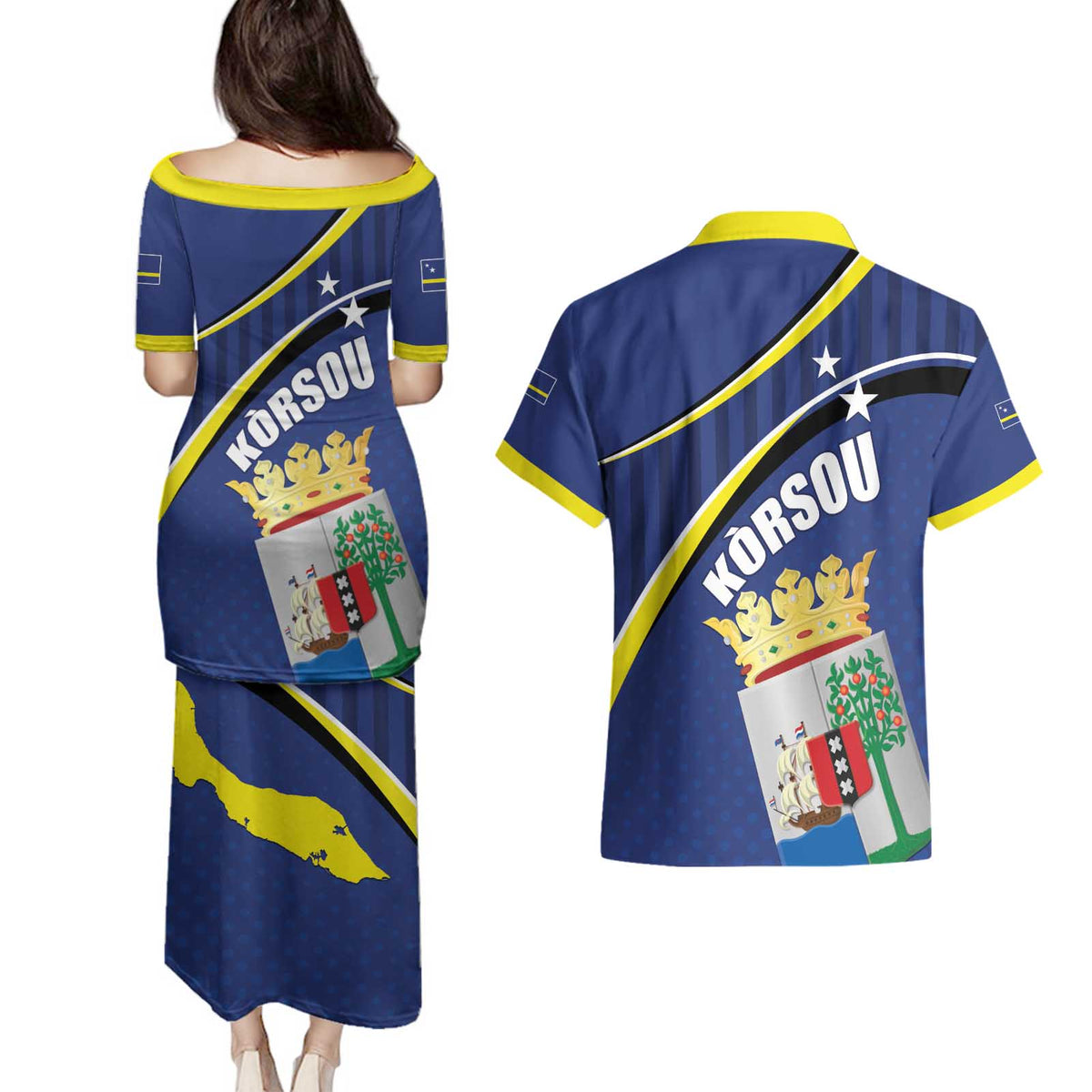 Curacao Flag Day Couples Matching Puletasi and Hawaiian Shirt Korsou Map Simple Style