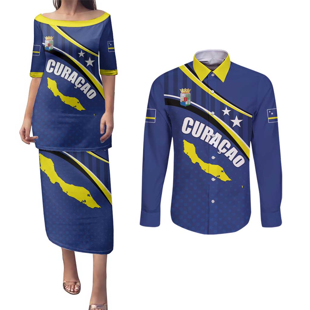 Curacao Flag Day Couples Matching Puletasi and Long Sleeve Button Shirt Korsou Map Simple Style