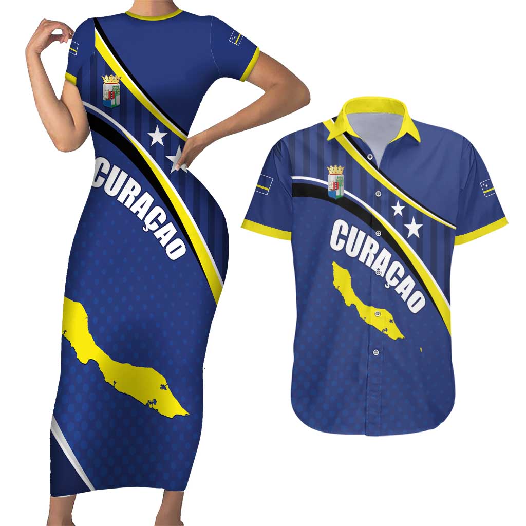 Curacao Flag Day Couples Matching Short Sleeve Bodycon Dress and Hawaiian Shirt Korsou Map Simple Style