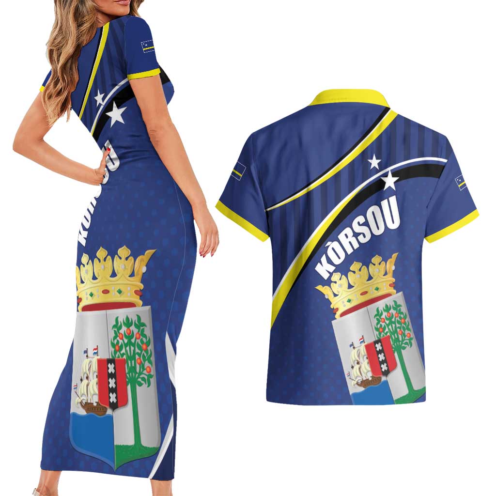 Curacao Flag Day Couples Matching Short Sleeve Bodycon Dress and Hawaiian Shirt Korsou Map Simple Style