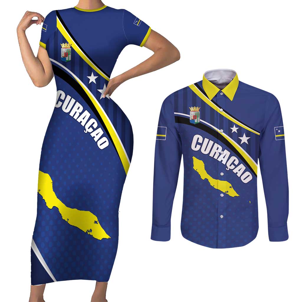 Curacao Flag Day Couples Matching Short Sleeve Bodycon Dress and Long Sleeve Button Shirt Korsou Map Simple Style