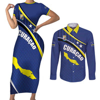 Curacao Flag Day Couples Matching Short Sleeve Bodycon Dress and Long Sleeve Button Shirt Korsou Map Simple Style