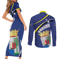Curacao Flag Day Couples Matching Short Sleeve Bodycon Dress and Long Sleeve Button Shirt Korsou Map Simple Style