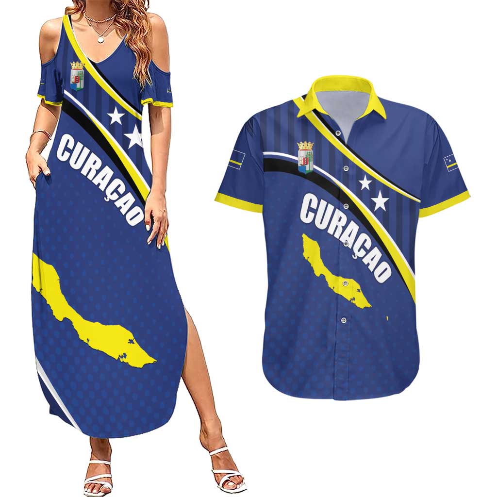 Curacao Flag Day Couples Matching Summer Maxi Dress and Hawaiian Shirt Korsou Map Simple Style