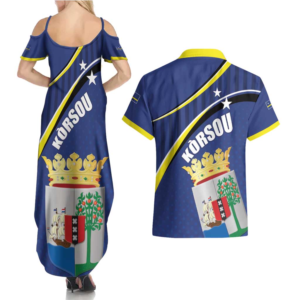 Curacao Flag Day Couples Matching Summer Maxi Dress and Hawaiian Shirt Korsou Map Simple Style