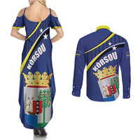 Curacao Flag Day Couples Matching Summer Maxi Dress and Long Sleeve Button Shirt Korsou Map Simple Style