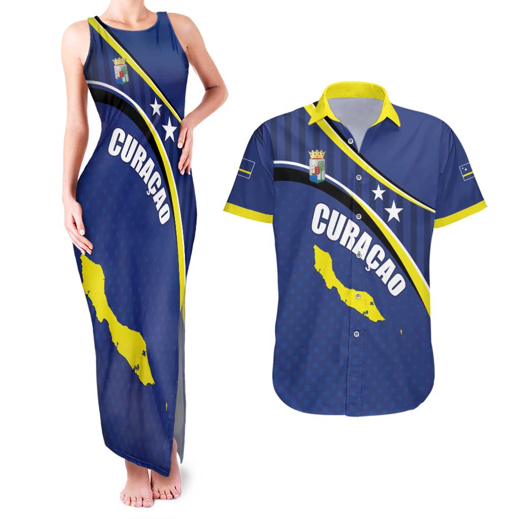 Curacao Flag Day Couples Matching Tank Maxi Dress and Hawaiian Shirt Korsou Map Simple Style