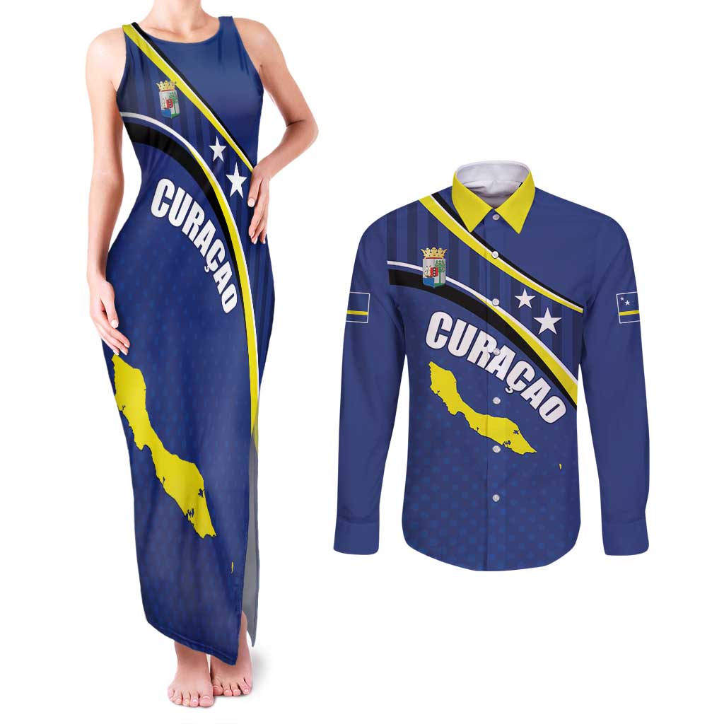 Curacao Flag Day Couples Matching Tank Maxi Dress and Long Sleeve Button Shirt Korsou Map Simple Style