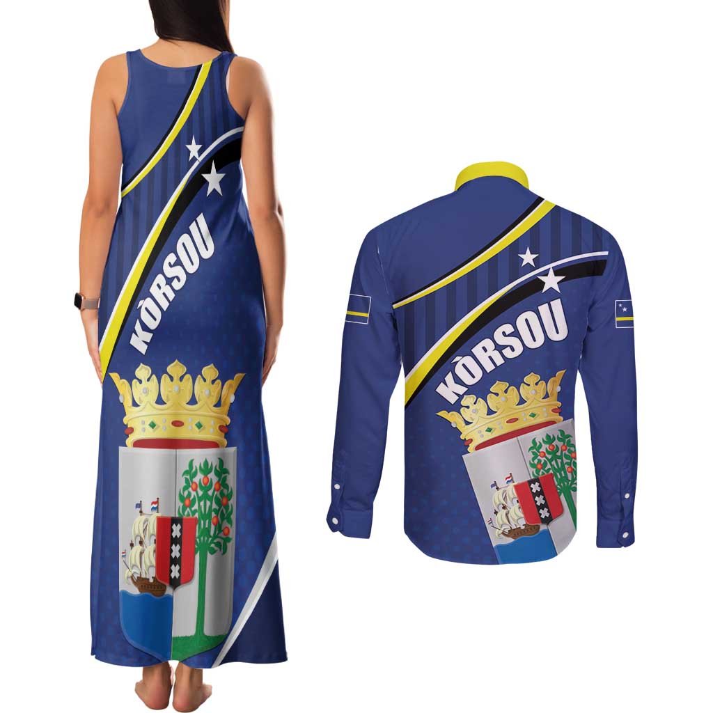 Curacao Flag Day Couples Matching Tank Maxi Dress and Long Sleeve Button Shirt Korsou Map Simple Style