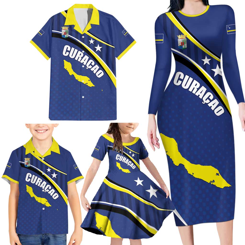 Curacao Flag Day Family Matching Long Sleeve Bodycon Dress and Hawaiian Shirt Korsou Map Simple Style