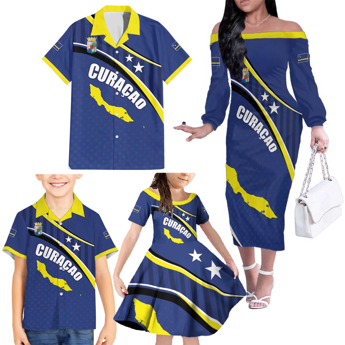 Curacao Flag Day Family Matching Off The Shoulder Long Sleeve Dress and Hawaiian Shirt Korsou Map Simple Style