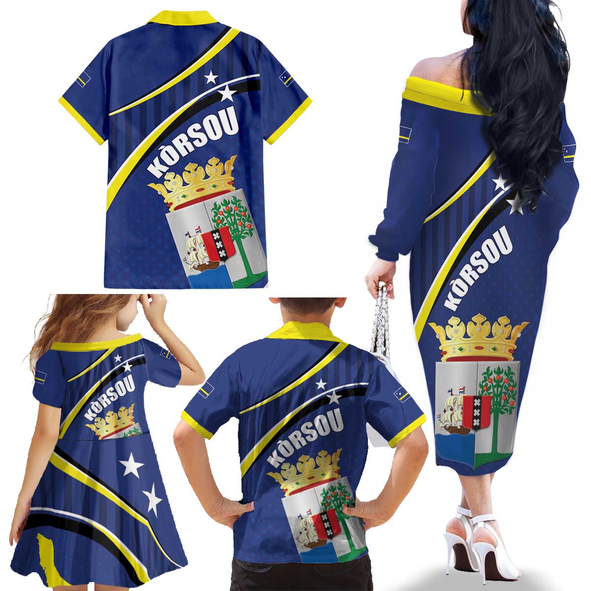 Curacao Flag Day Family Matching Off The Shoulder Long Sleeve Dress and Hawaiian Shirt Korsou Map Simple Style