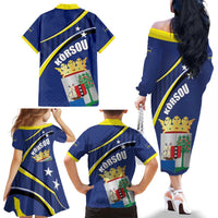 Curacao Flag Day Family Matching Off The Shoulder Long Sleeve Dress and Hawaiian Shirt Korsou Map Simple Style