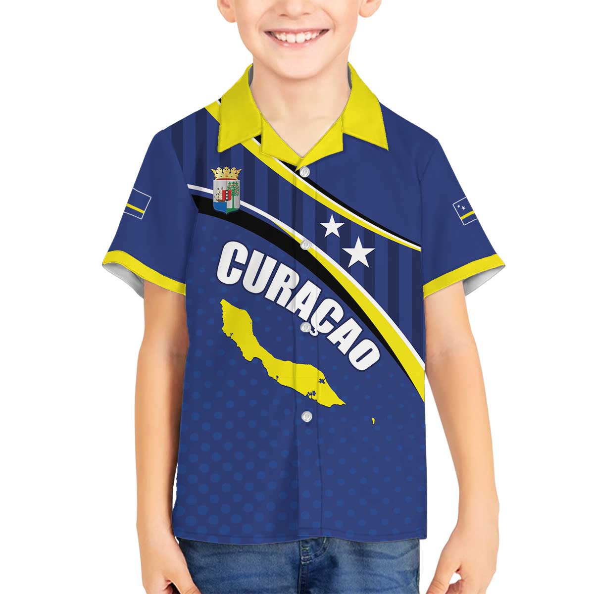 Curacao Flag Day Family Matching Off The Shoulder Long Sleeve Dress and Hawaiian Shirt Korsou Map Simple Style