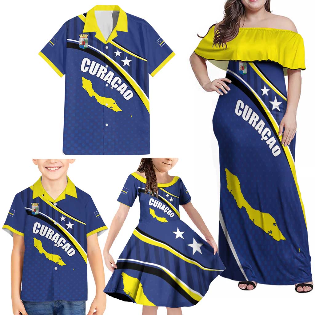 Curacao Flag Day Family Matching Off Shoulder Maxi Dress and Hawaiian Shirt Korsou Map Simple Style