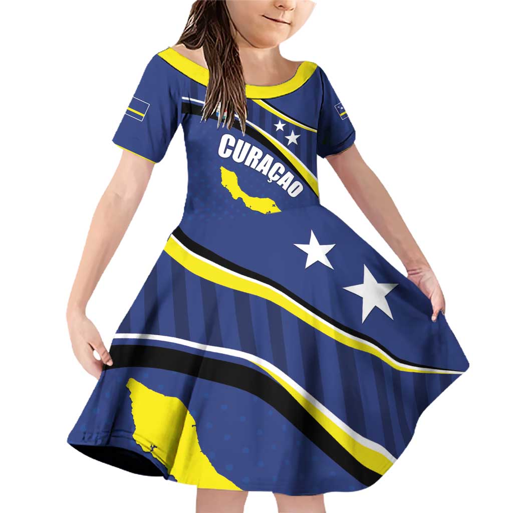 Curacao Flag Day Family Matching Off Shoulder Short Dress and Hawaiian Shirt Korsou Map Simple Style