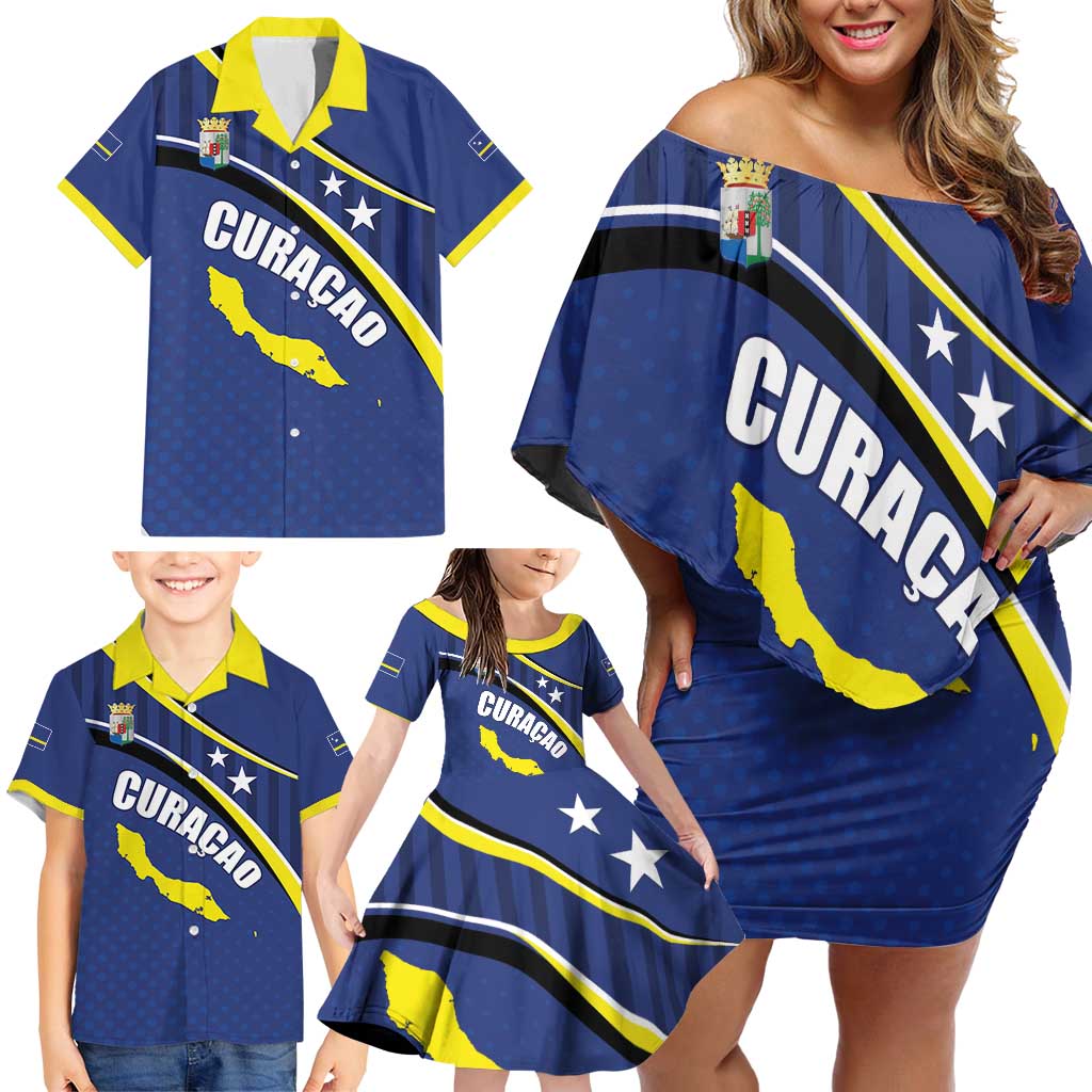 Curacao Flag Day Family Matching Off Shoulder Short Dress and Hawaiian Shirt Korsou Map Simple Style