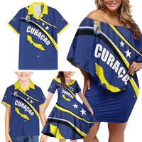 Curacao Flag Day Family Matching Off Shoulder Short Dress and Hawaiian Shirt Korsou Map Simple Style