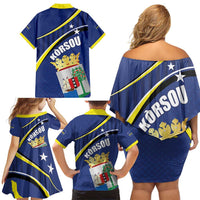 Curacao Flag Day Family Matching Off Shoulder Short Dress and Hawaiian Shirt Korsou Map Simple Style
