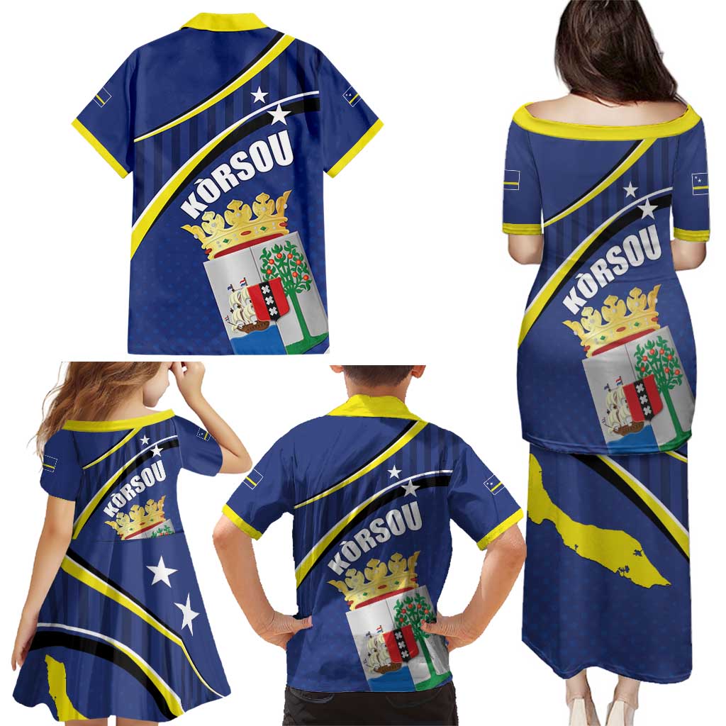 Curacao Flag Day Family Matching Puletasi and Hawaiian Shirt Korsou Map Simple Style