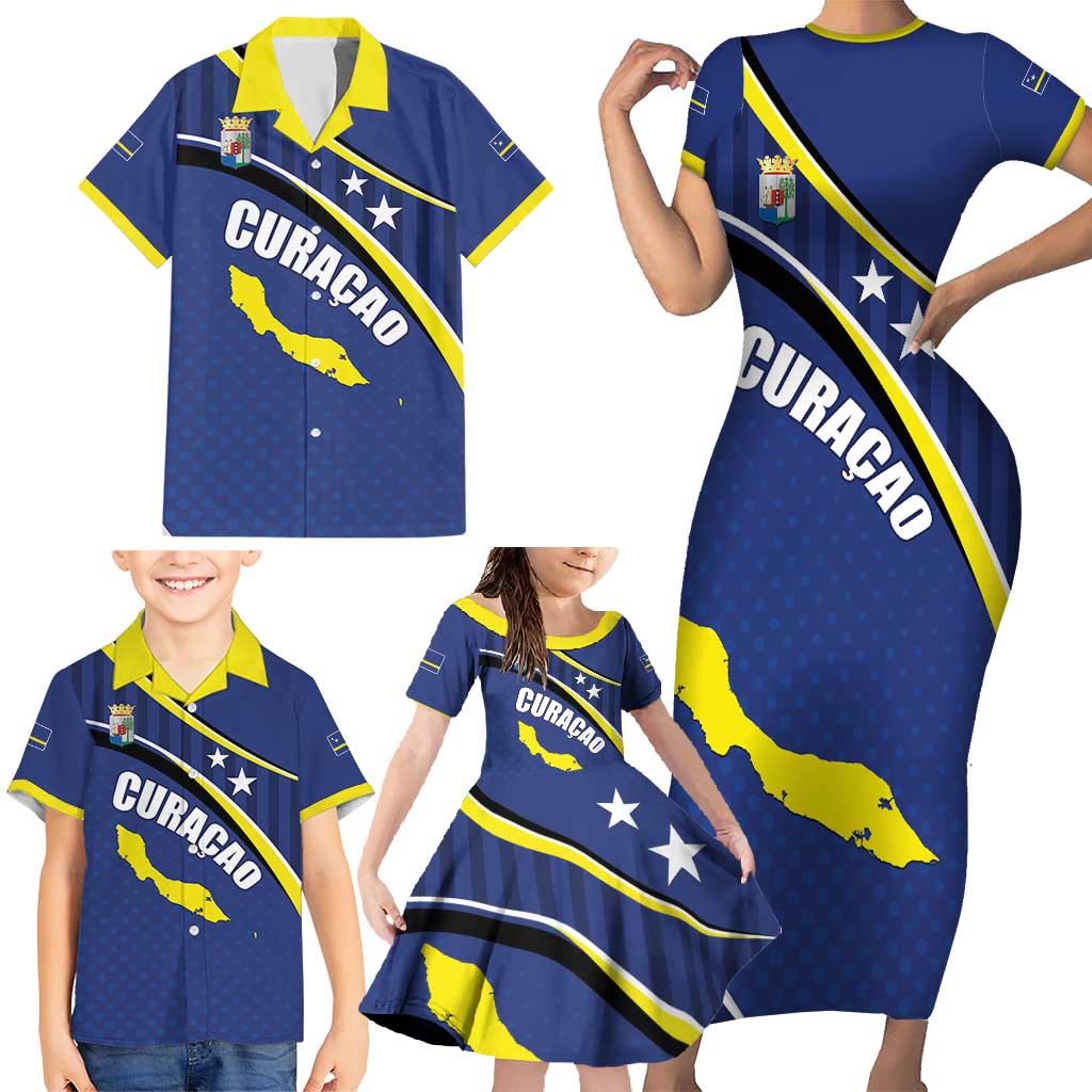 Curacao Flag Day Family Matching Short Sleeve Bodycon Dress and Hawaiian Shirt Korsou Map Simple Style