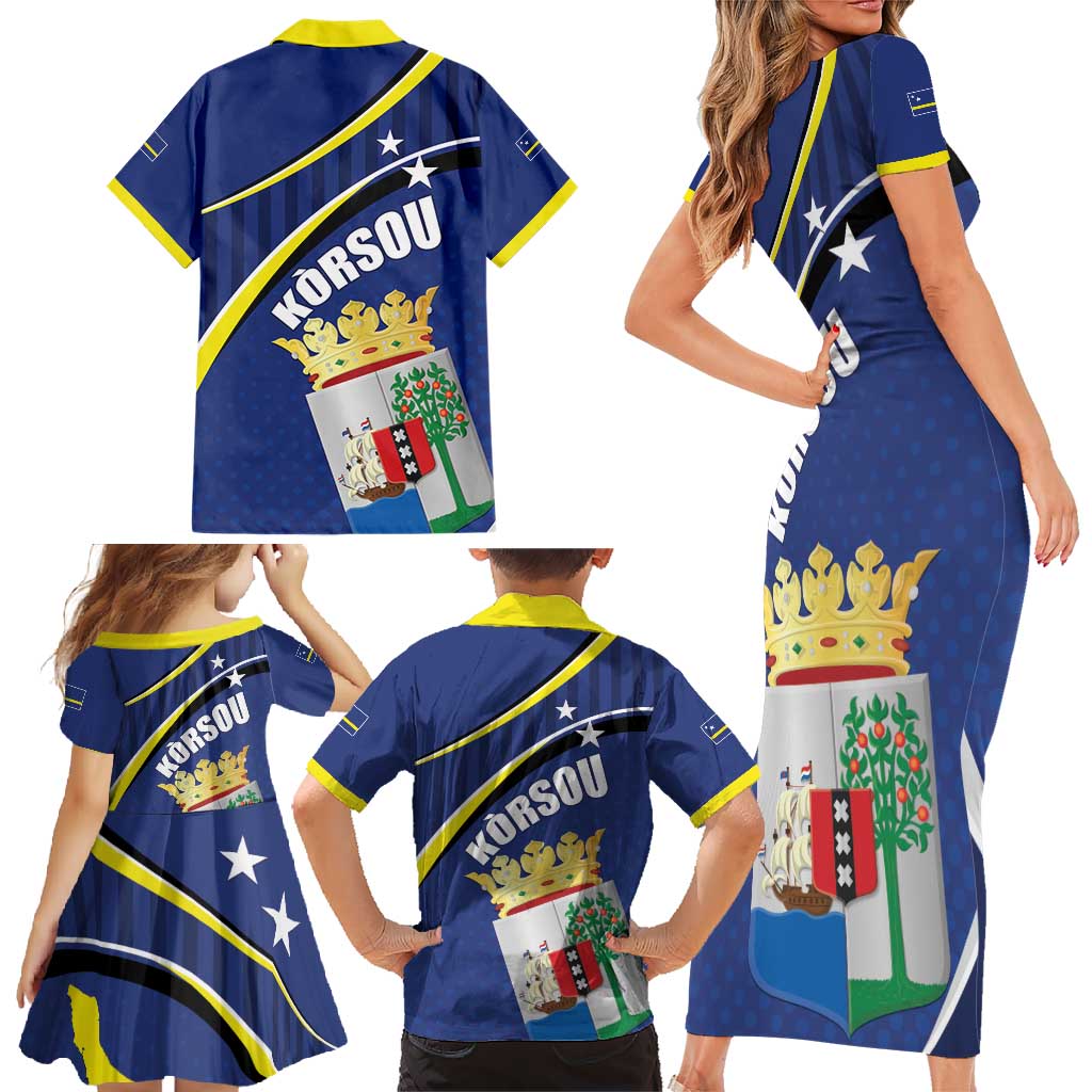 Curacao Flag Day Family Matching Short Sleeve Bodycon Dress and Hawaiian Shirt Korsou Map Simple Style