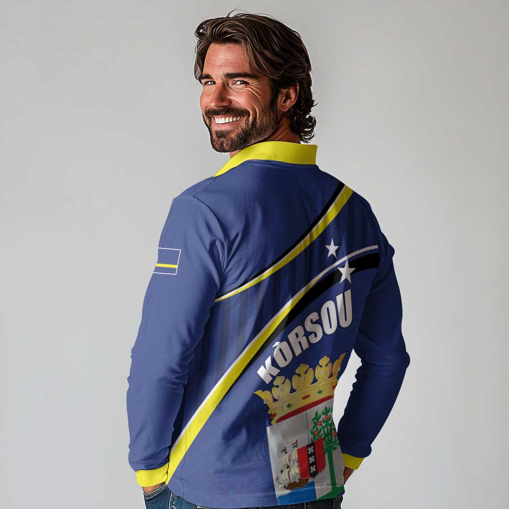 Curacao Flag Day Long Sleeve Polo Shirt Korsou Map Simple Style