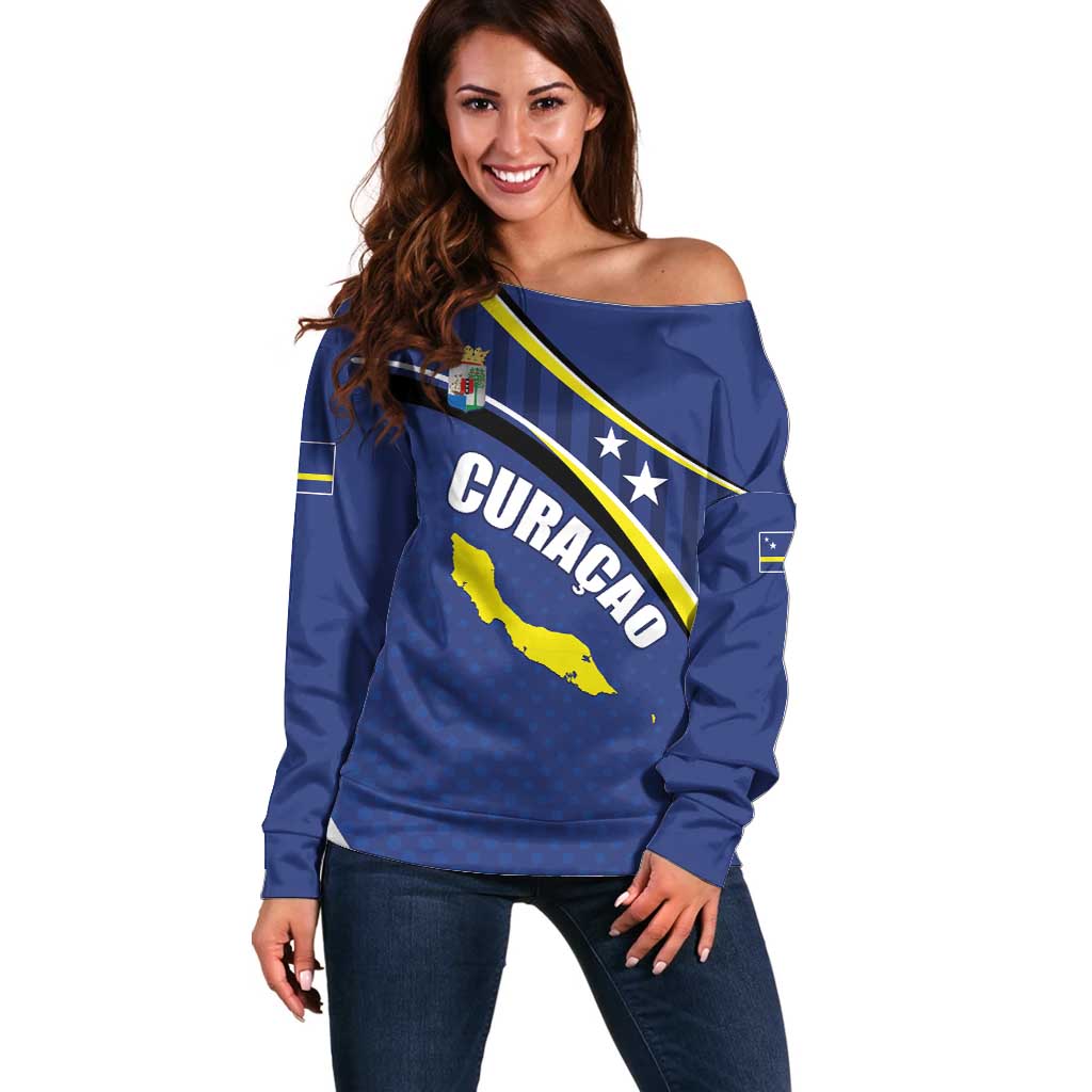 Curacao Flag Day Off Shoulder Sweater Korsou Map Simple Style