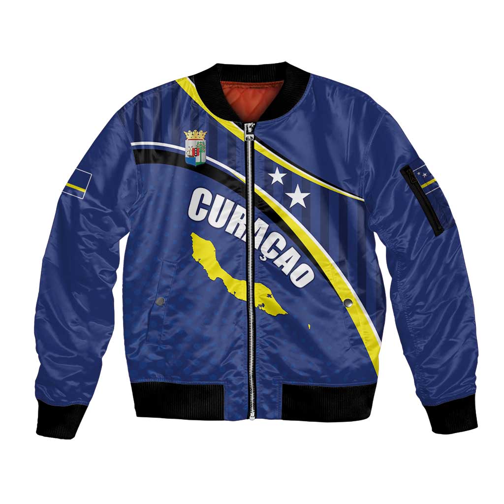 Curacao Flag Day Sleeve Zip Bomber Jacket Korsou Map Simple Style