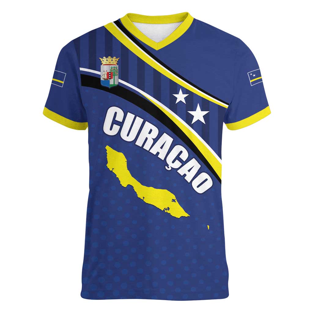 Curacao Flag Day Women V-Neck T-Shirt Korsou Map Simple Style