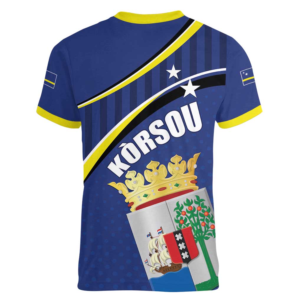 Curacao Flag Day Women V-Neck T-Shirt Korsou Map Simple Style