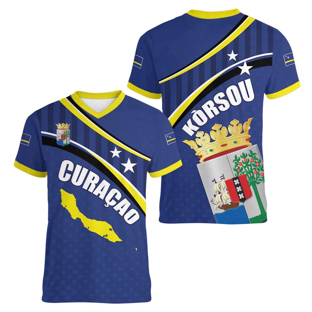 Curacao Flag Day Women V-Neck T-Shirt Korsou Map Simple Style