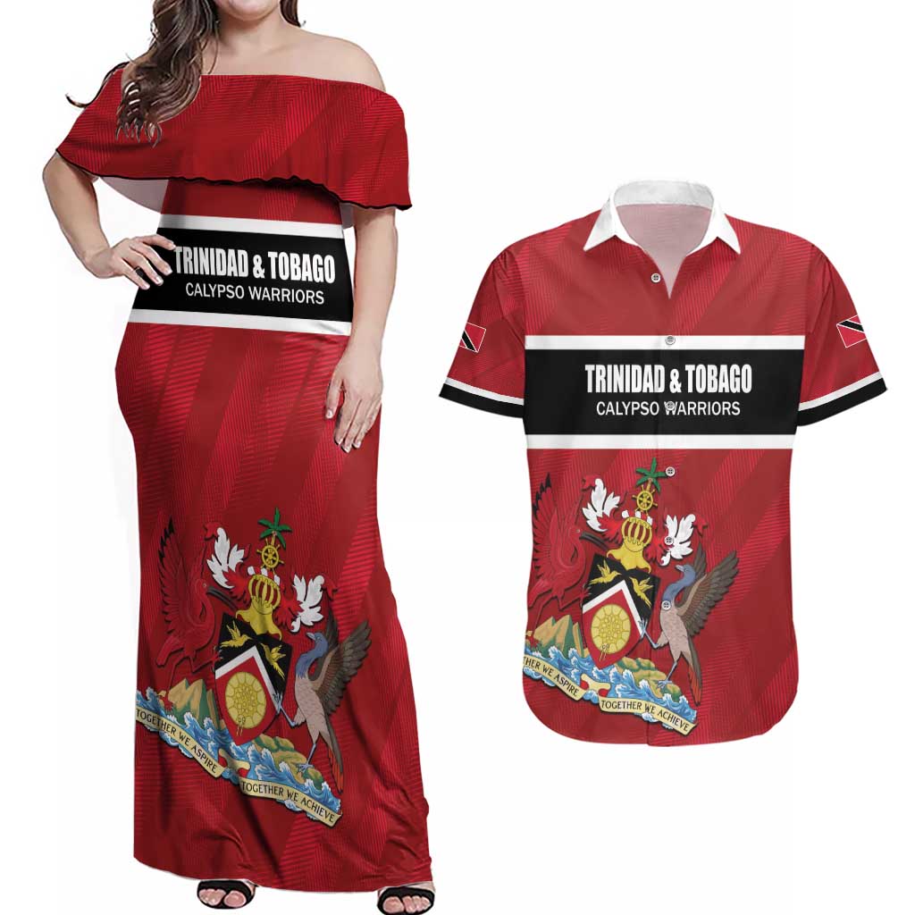 Custom Trinidad and Tobago Rugby Couples Matching Off Shoulder Maxi Dress and Hawaiian Shirt Come On Calypso Warriors